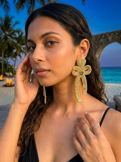Glam Bow (Gold) Handmade Beaded Earrings