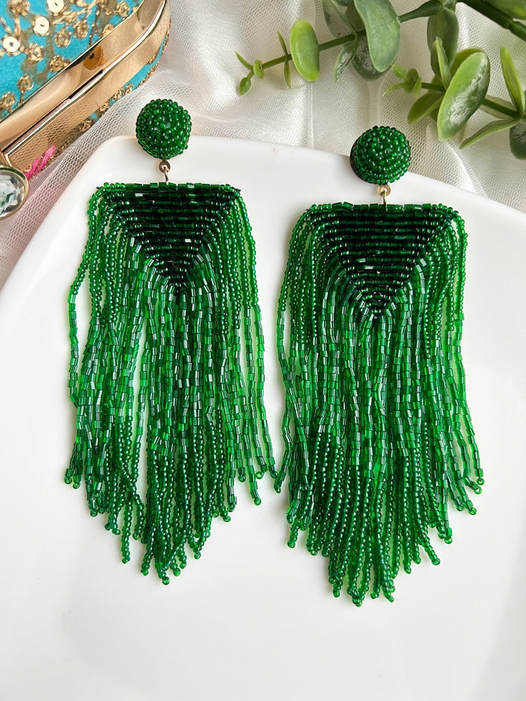 Luxe Emerald Handmade Beaded Tassel Earrings