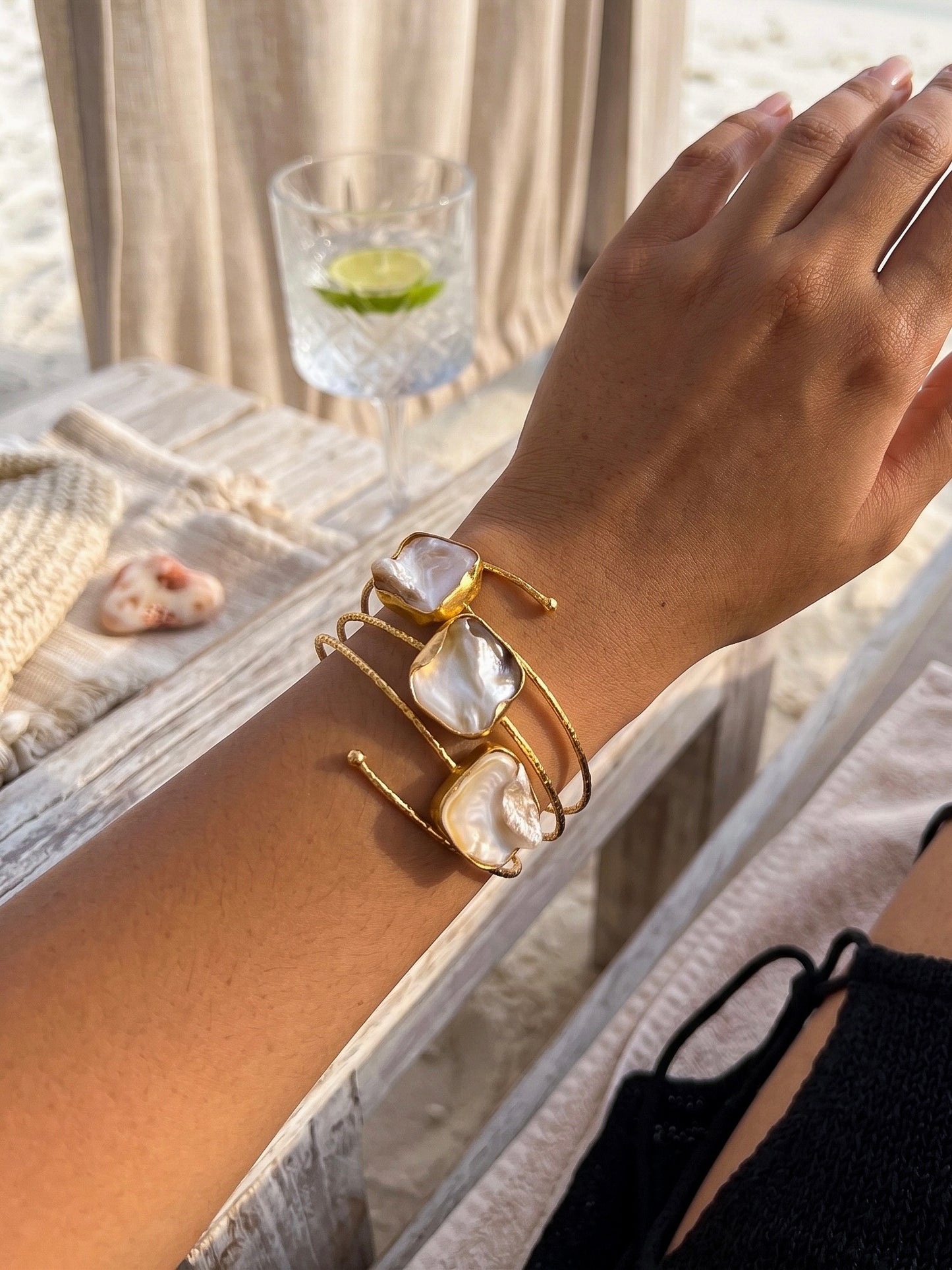 Golden Tide Mother of Pearl Handmade Brass Cuff Bracelet