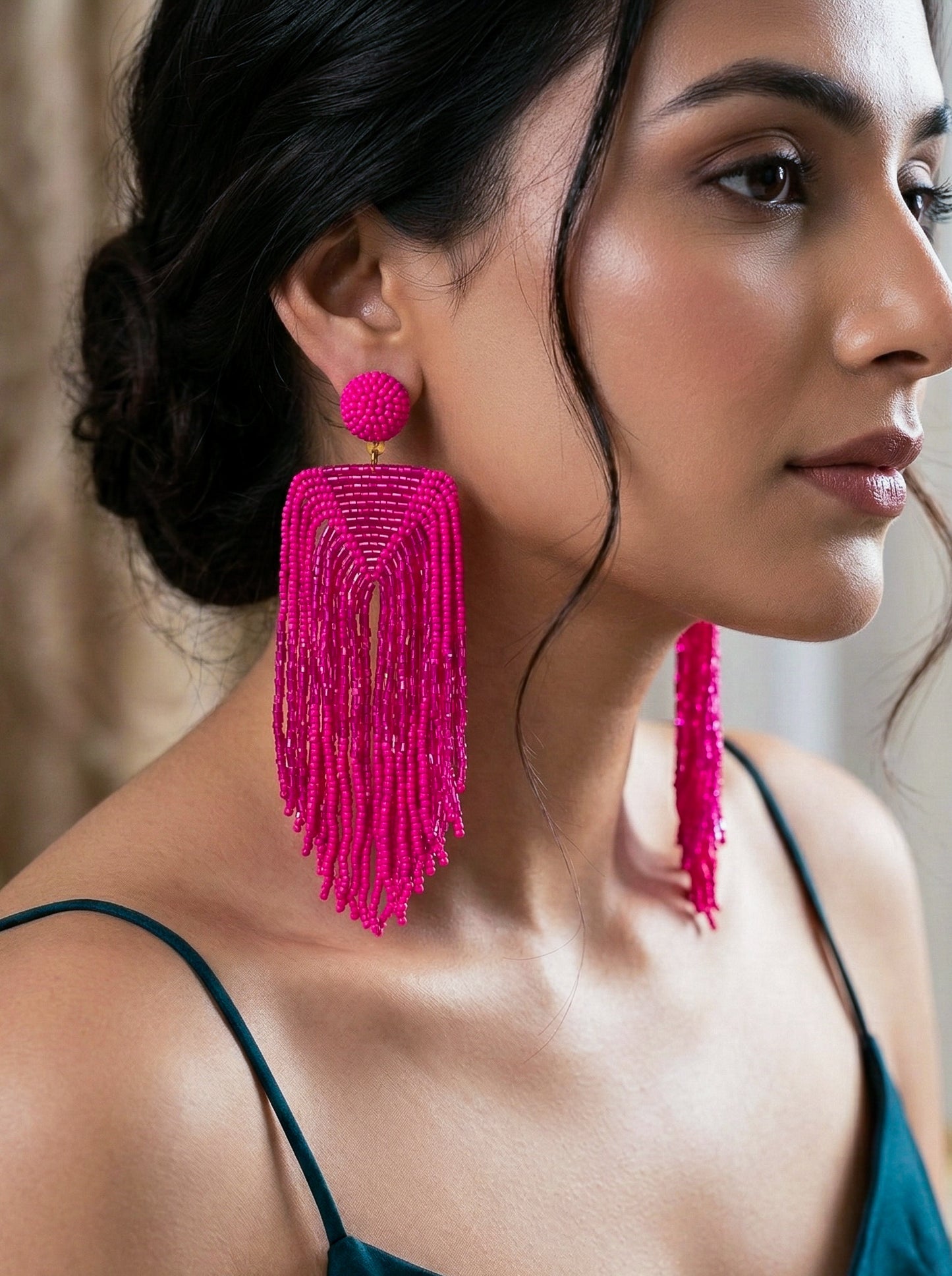 Luxe Rosey Pink Handmade Beaded Tassel Earrings