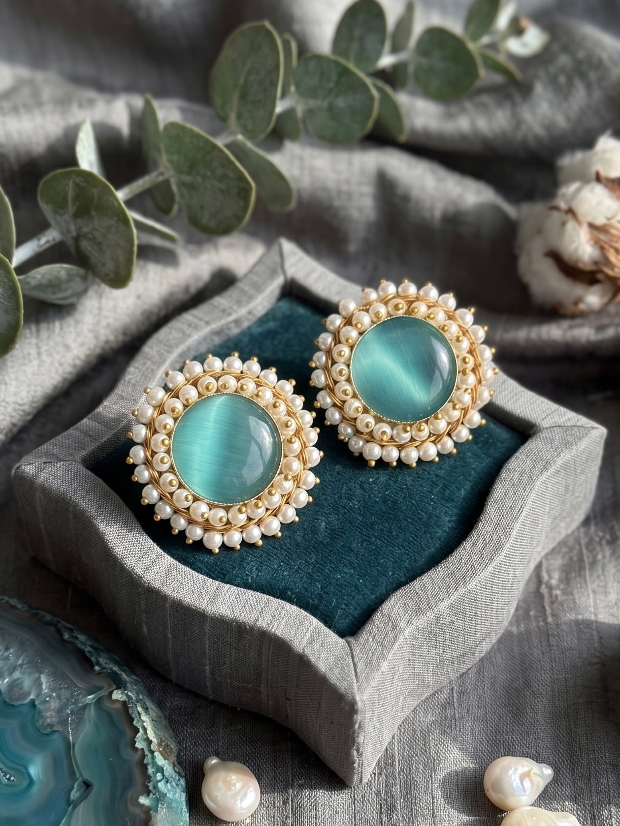 Sitara Aqua Blue Pearl Round Handmade Brass Earrings