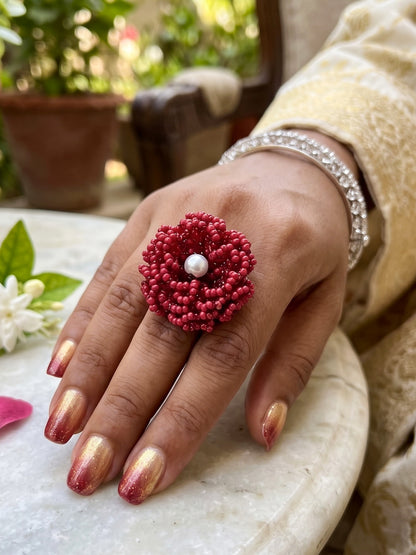 Crochet Deep Red 3D Rose Flower Handmade Beaded Ring