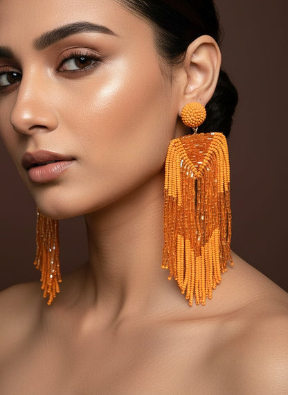 Luxe Sunset Orange Handmade Beaded Tassel Earrings