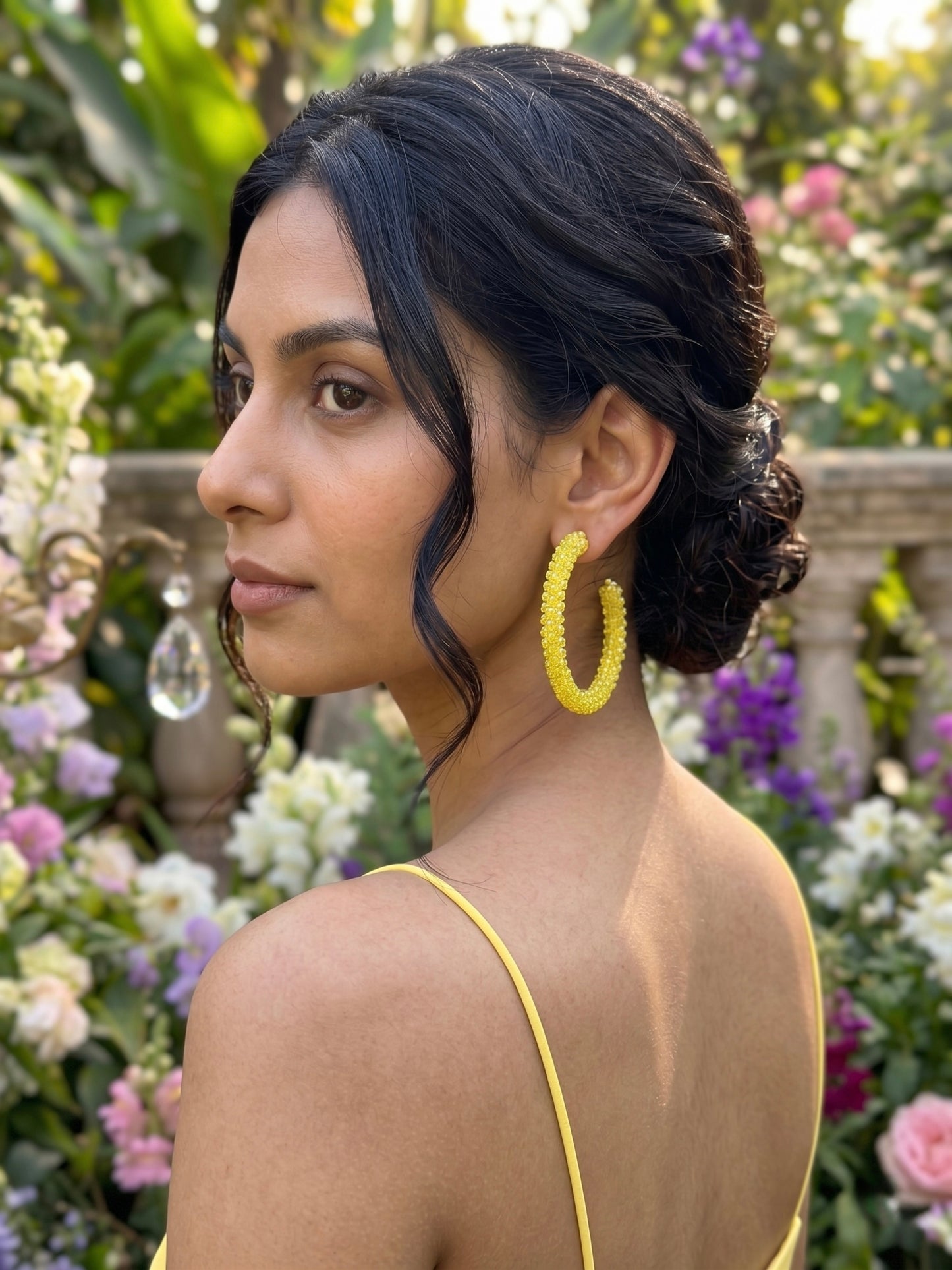 Woven Yellow Crystal Handmade Beaded Hoop Earrings