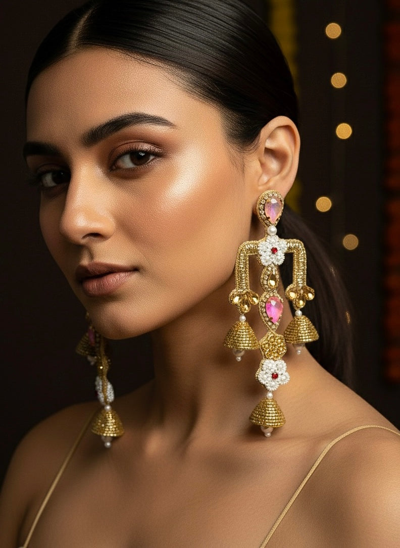 Rajwada Blush Pink Danglers Handmade Beaded Statement Earrings