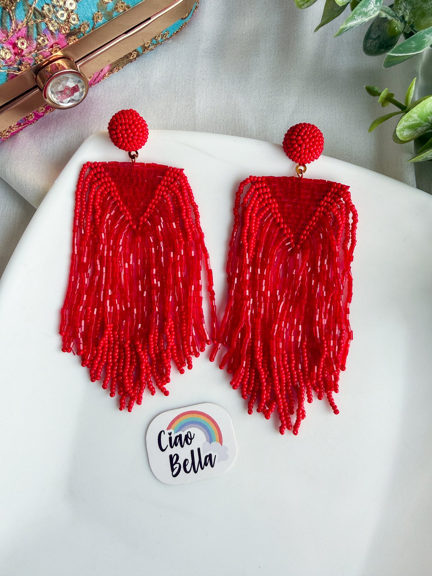 Luxe Crimson Red Handmade Beaded Tassel Earrings