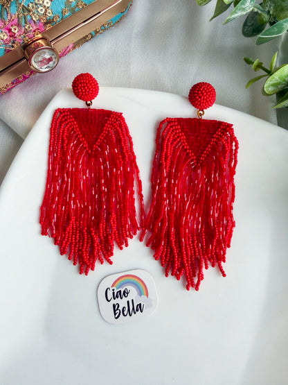 Luxe Crimson Red Handmade Beaded Tassel Earrings