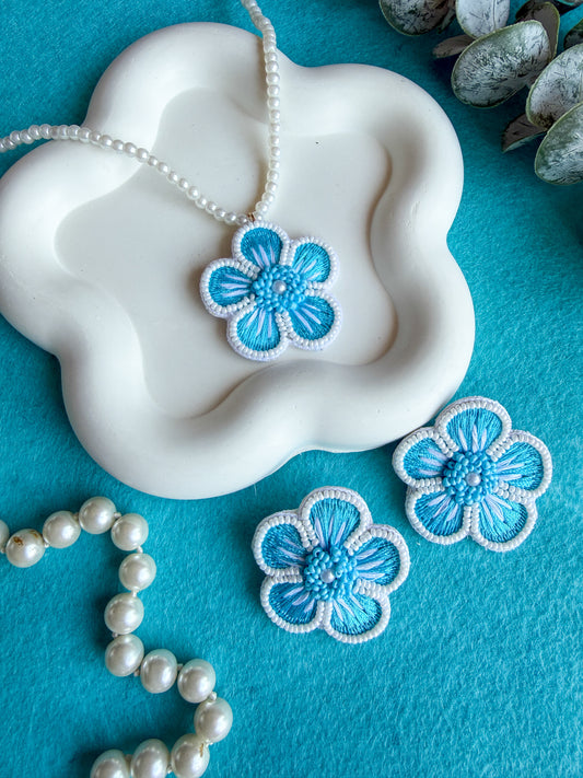Aqua Blue Blossom Flower Handmade Beaded Necklace + Earrings Set