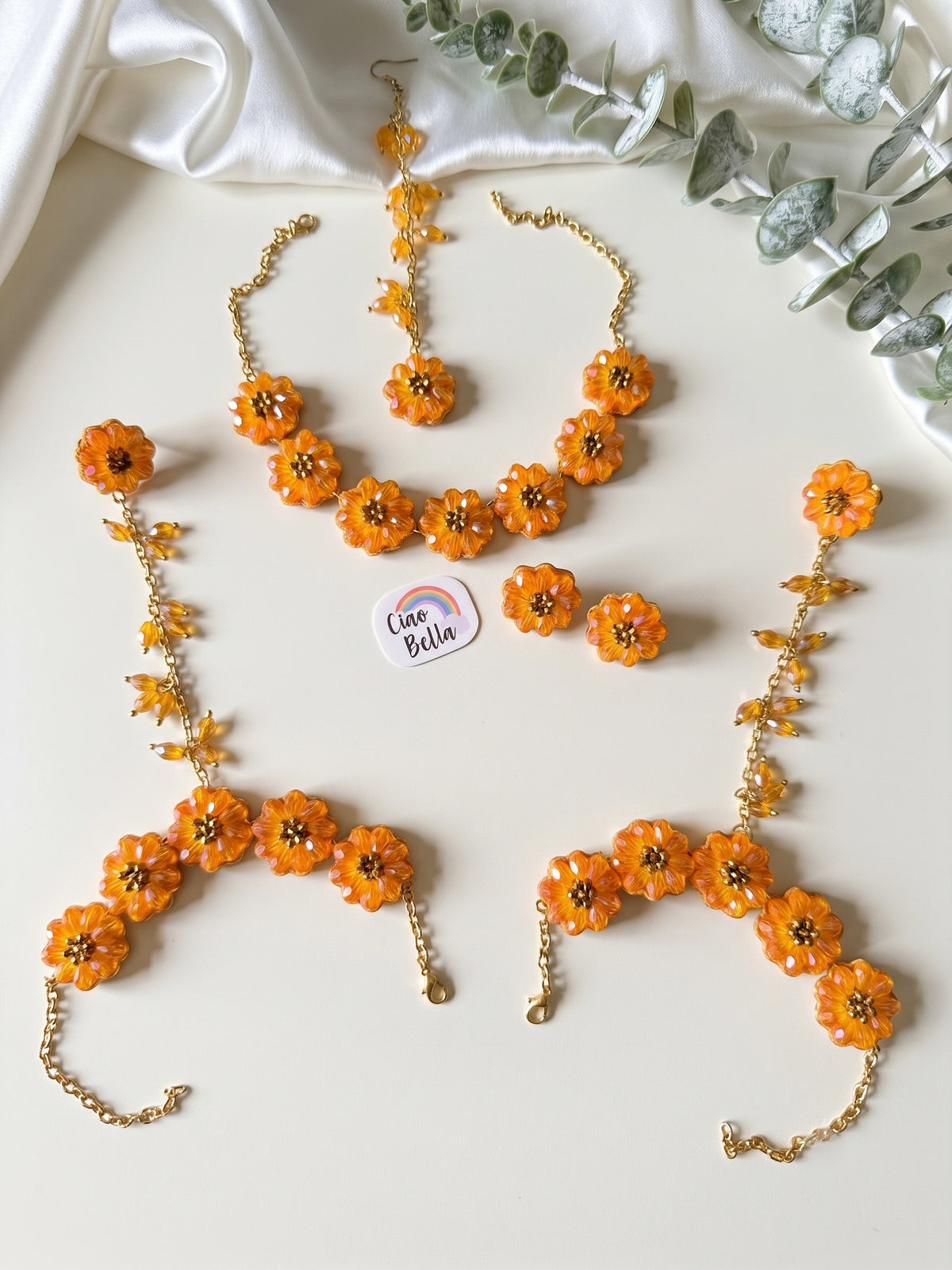 Sparkling Sunflower Handmade Beaded Haldi Jewellery Set (Necklace + Earrings + Hathphools + Maangtika)