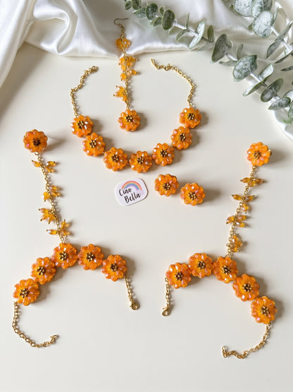 Sparkling Sunflower Handmade Beaded Haldi Jewellery Set (Necklace + Earrings + Hathphools + Maangtika)
