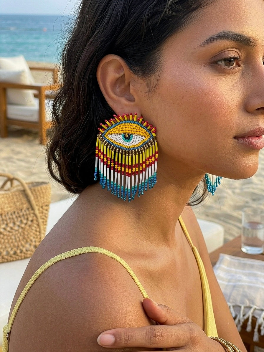 Golden Gaze Yellow Pink Evil Eye Handmade Beaded Tassel Earrings