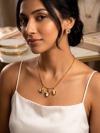 Celestial Mother of Pearl Handmade Brass Necklace + Stud Earrings Set