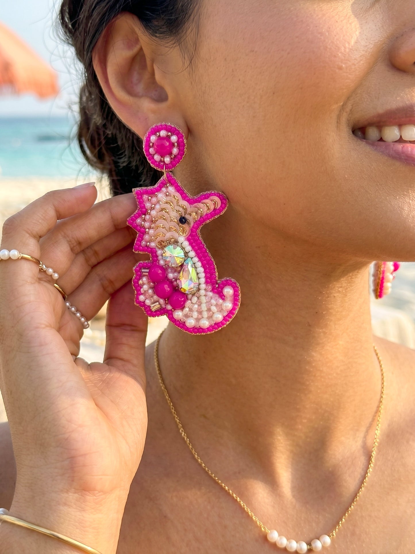 Candy Pink Seahorse Handmade Beaded Earrings