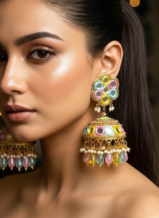 Phuljhadi Mirror Handmade Beaded Jhumka Earrings