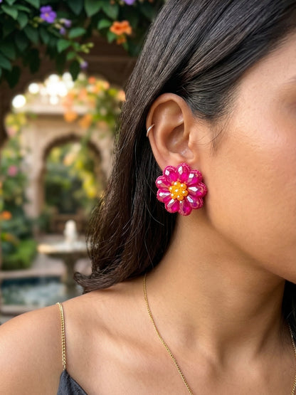 Sparkling Hot Pink Flower Handmade Beaded Stud Earrings