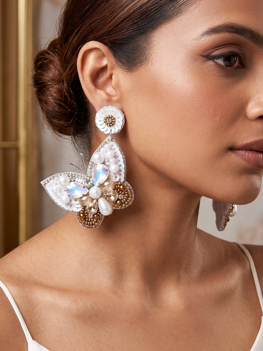 Luxe Crystal White Handmade Beaded Butterfly Earrings