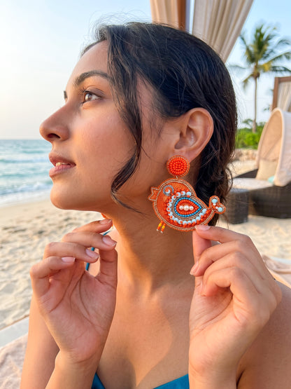 Chirpy Birdie Orange Handmade Beaded Earrings