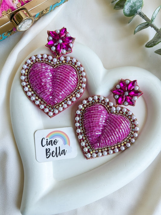 Ishqiya Pink Heart Drop Handmade Beaded Earrings