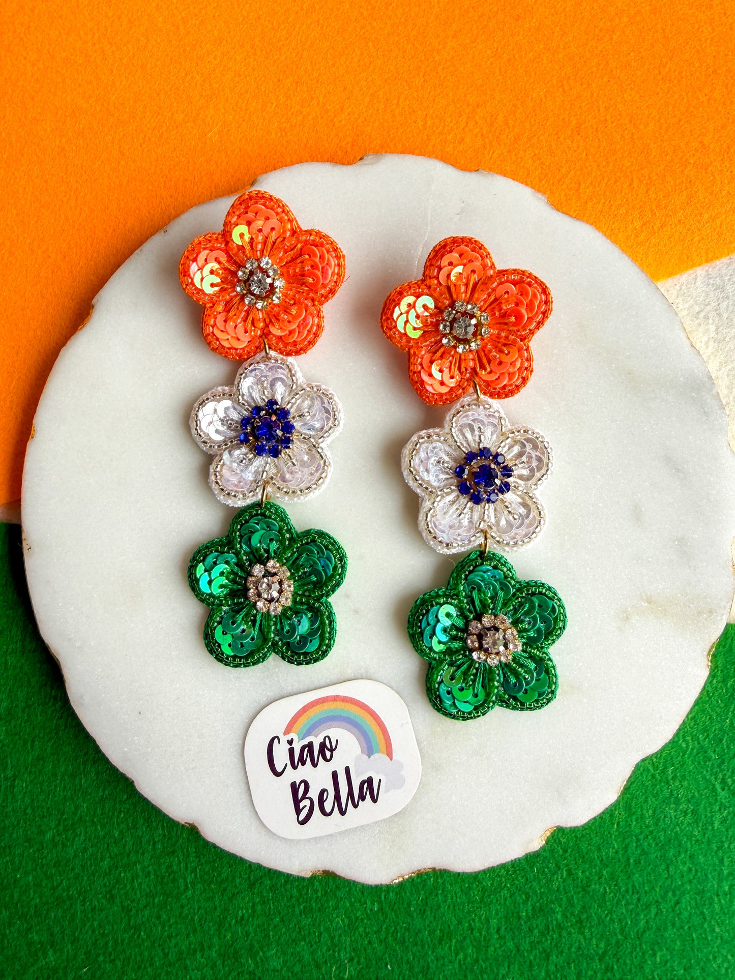 Tiranga Blossom Flower Handmade Tricolour Beaded Earrings