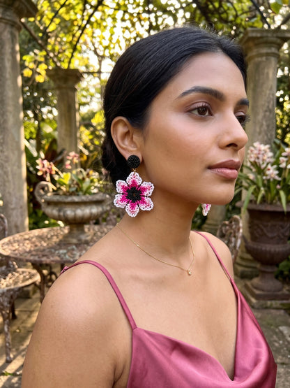 Blossoming Pink Flower Handmade Beaded Earrings