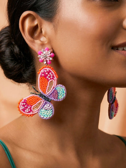 Paradise Sunset Orange Pink Handmade Beaded Butterfly Earrings