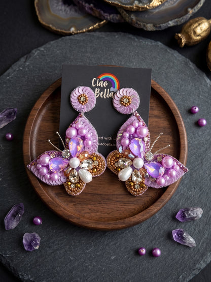 Luxe Crystal Lilac Purple Handmade Beaded Butterfly Earrings