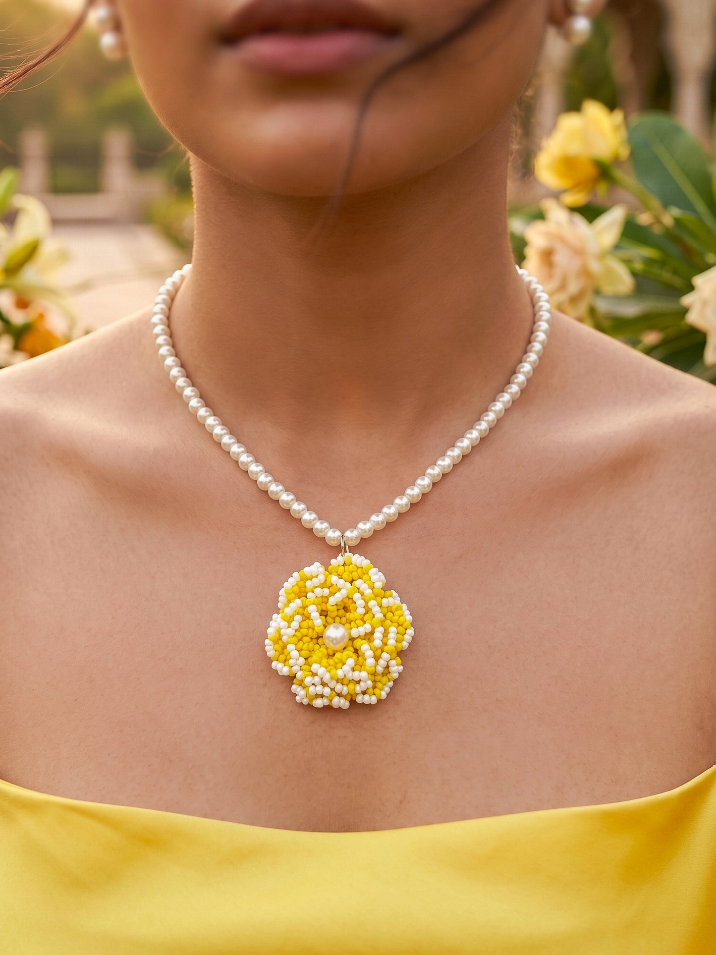 Crochet Yellow White 3D Rose Flower Handmade Beaded Necklace