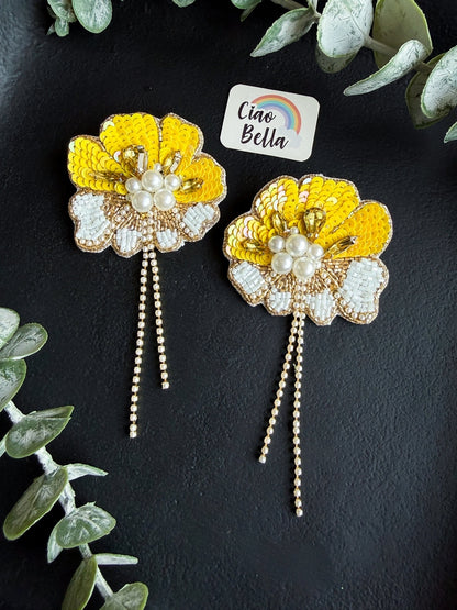 Floral Fiesta Yellow Handmade Beaded Flower Earrings