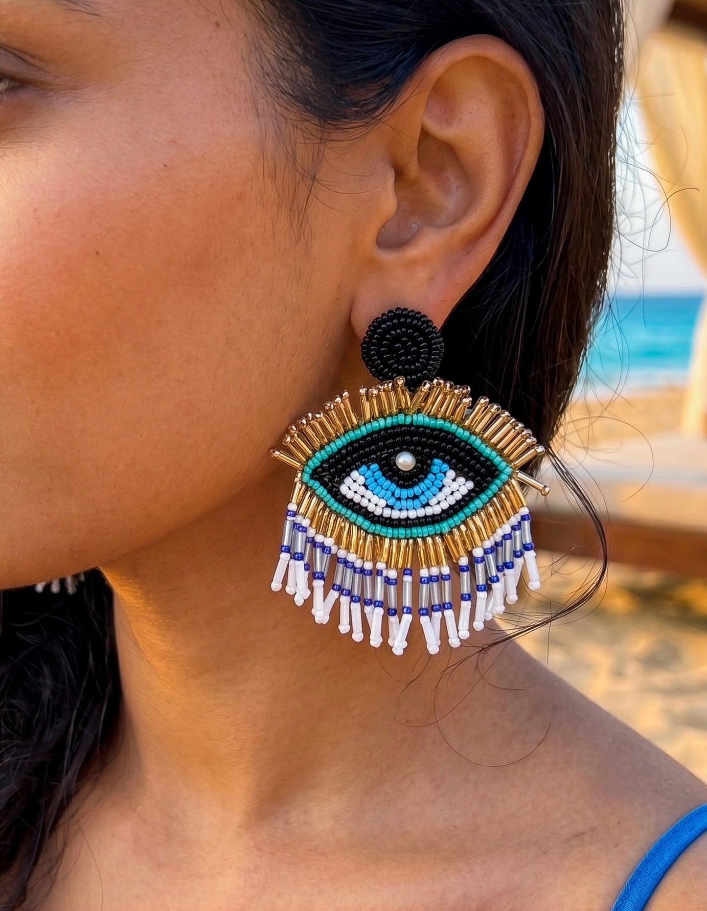 Blue Evil Eye Elegance Handmade Beaded Earrings
