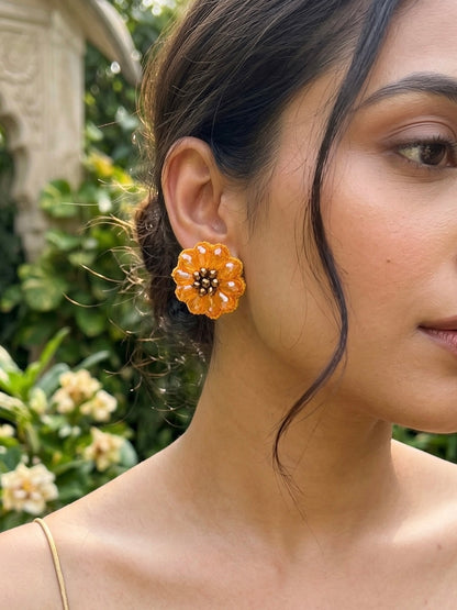 Sparkling Yellow Sunflower Handmade Beaded Stud Earrings
