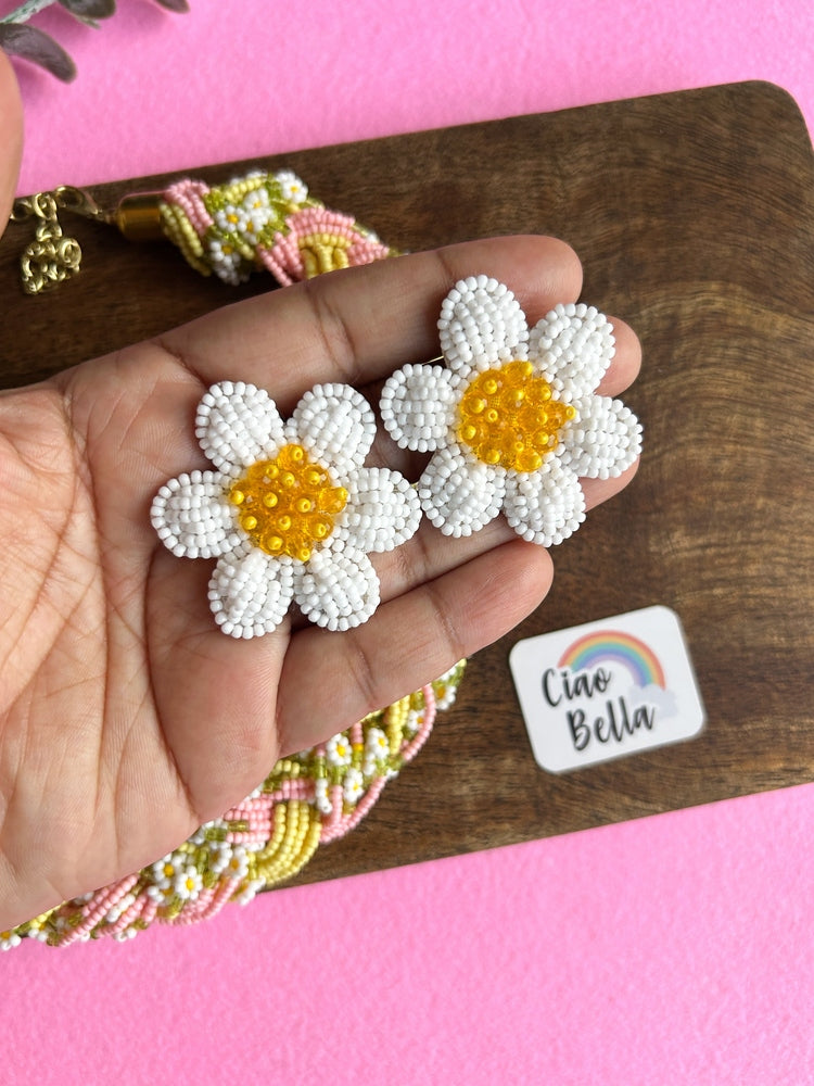 Luxe Flora Pink Yellow Handmade Beaded Necklace + Earrings Set