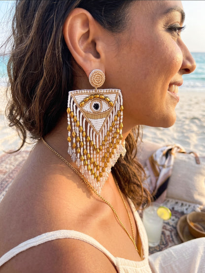 Luxe Evil Eye White Handmade Beaded Tassel Earrings