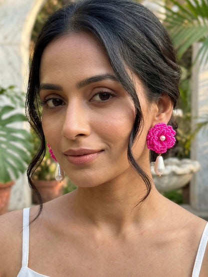 Crochet Pink 3D Rose Pearl Drops Flower Handmade Beaded Earrings