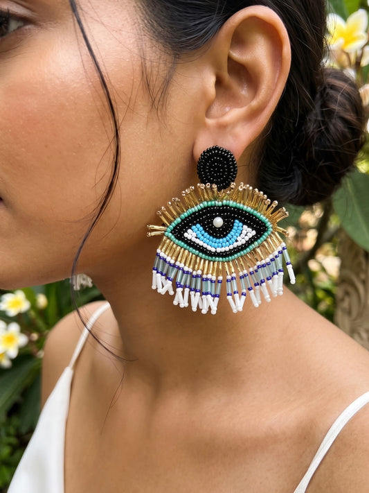 Blue Evil Eye Elegance Handmade Beaded Earrings