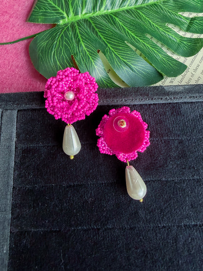 Crochet Pink 3D Rose Pearl Drops Flower Handmade Beaded Earrings