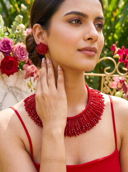 Velvet Rouge Tassel Deep Red Handmade Beaded Necklace + Earrings Set