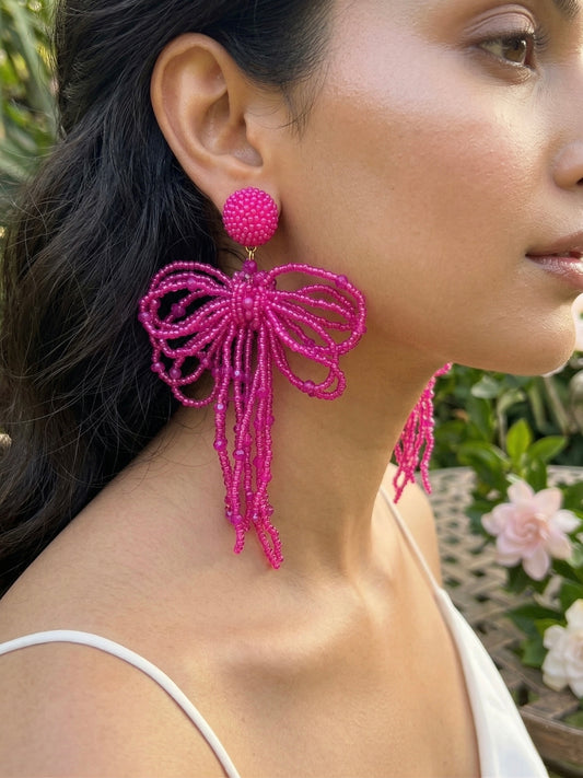 Pookie Bow (Pink) Handmade Beaded Earrings