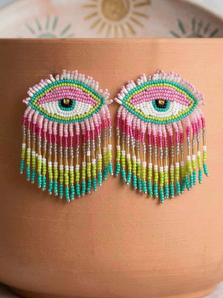 Cotton Candy Pink Evil Eye Handmade Beaded Tassel Earrings