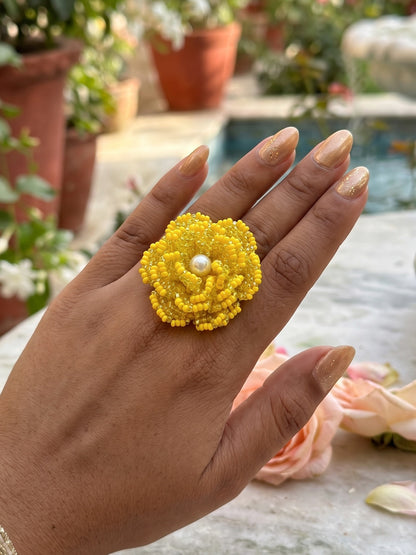 Crochet Yellow 3D Rose Flower Handmade Beaded Ring