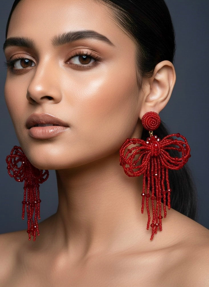 Pookie Bow (Deep Red) Handmade Beaded Earrings