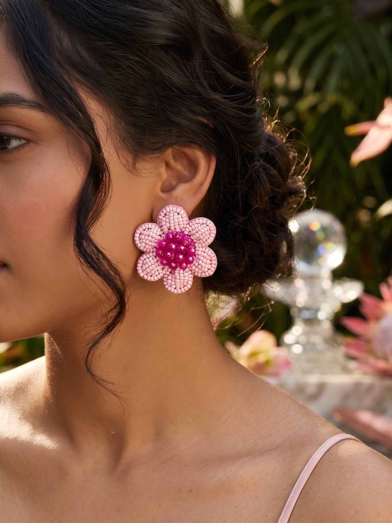 Blush Pink Flower Stud Handmade Beaded Earrings