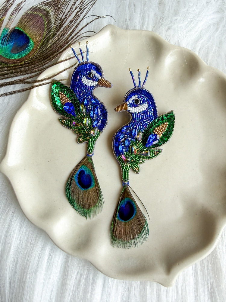 Regal Peacock Blue Green Handmade Beaded Bird Earrings