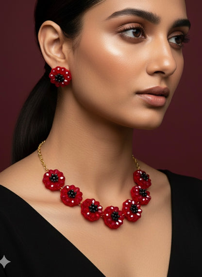 Sparkling Red Daisy Handmade Beaded Necklace + Earrings Set