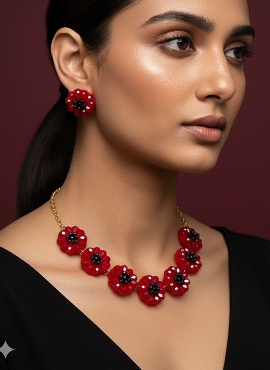 Sparkling Red Daisy Handmade Beaded Necklace + Earrings Set