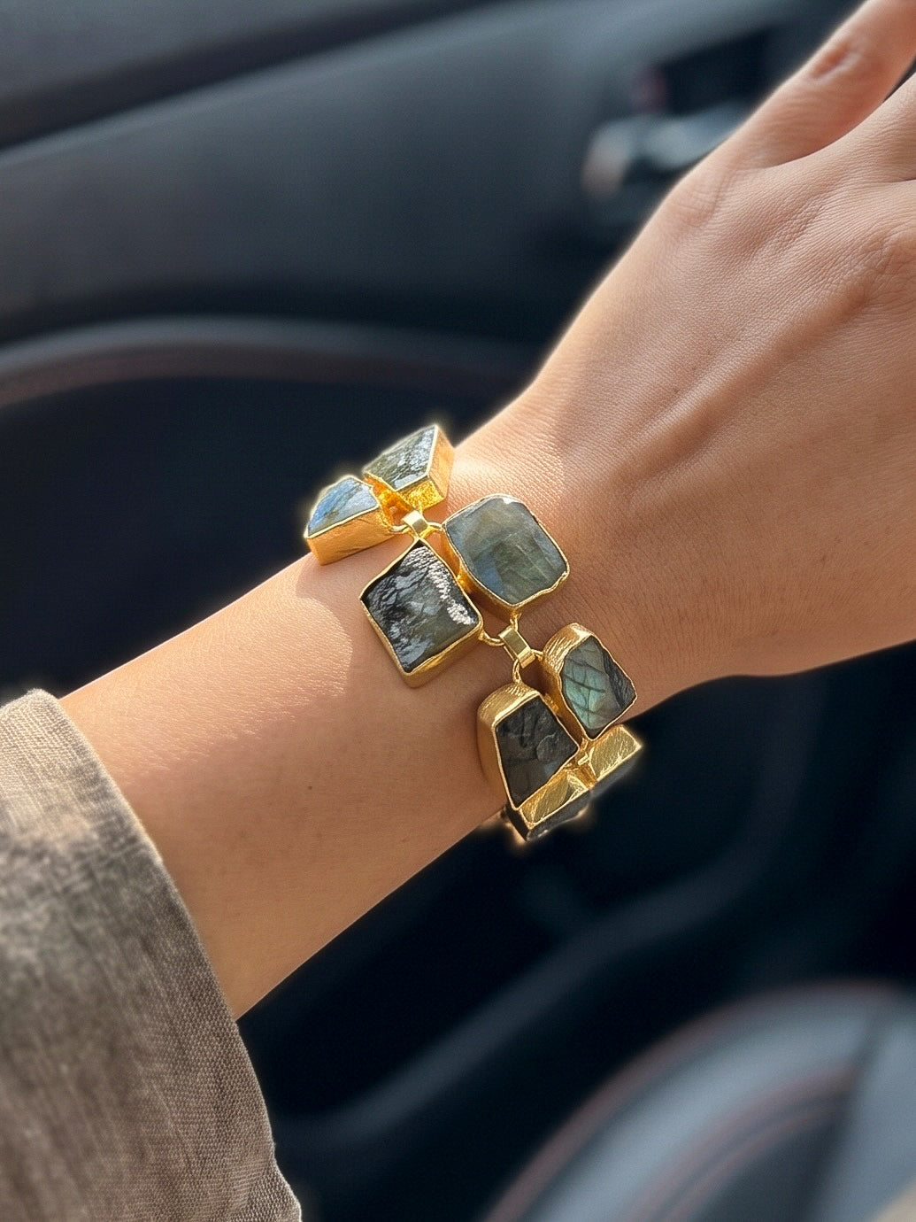 Luxe Labradorite Natural Stone Statement Handmade Brass Chain Bracelet