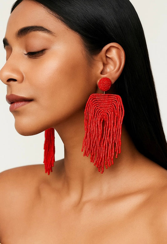 Luxe Crimson Handmade Beaded Tassel Earrings