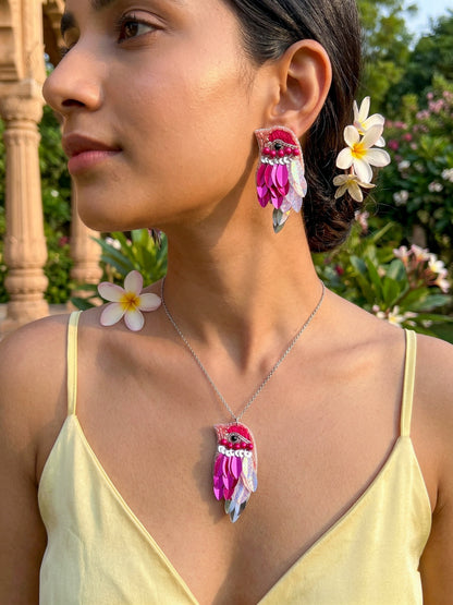 Chirpy Blush Pink Parrot Handmade Beaded Necklace + Earrings Set