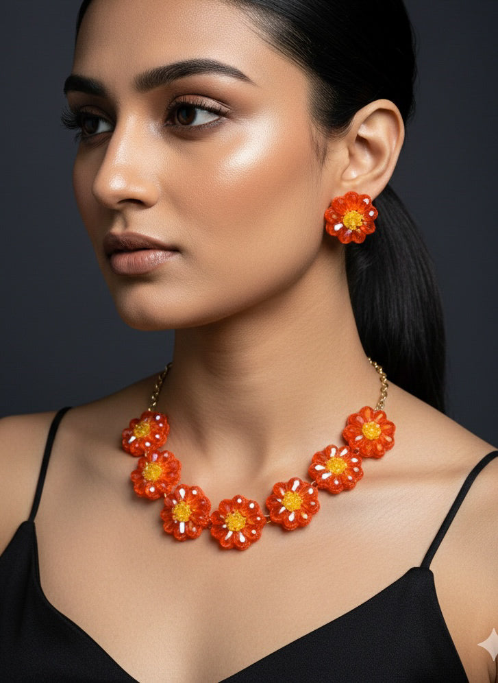 Sparkling Orange Daisy Handmade Beaded Necklace + Earrings Set