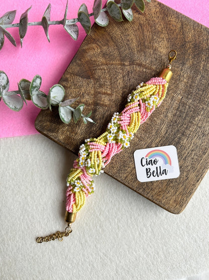 Luxe Flora Pink Yellow Handmade Beaded Bracelet