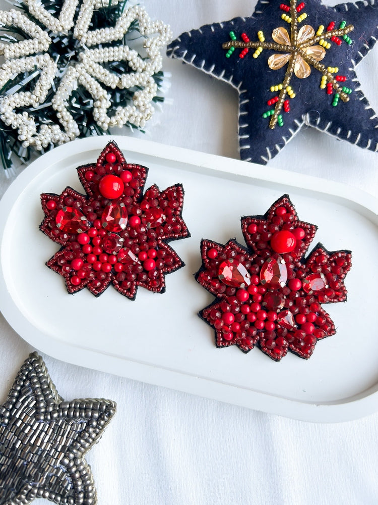 Red Autumn Leaf Handmade Beaded Earrings